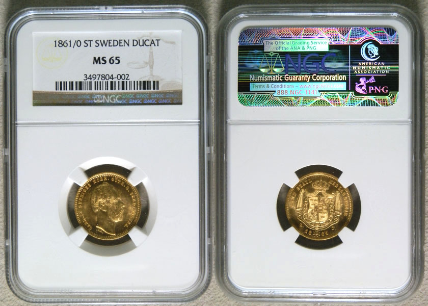 1861/0 ST GOLD SWEDEN DUCAT NGC MINT STATE 65 CARL XV OVERDATE