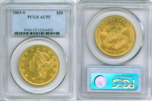 1863 S GOLD 20 DOLLAR LIBERTY HEAD PCGS AU55