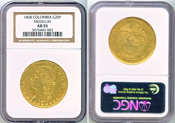 1868 GOLD COLOMBIA MINT 20 PESO NGC AU 55 RARE 7,984 MINTED