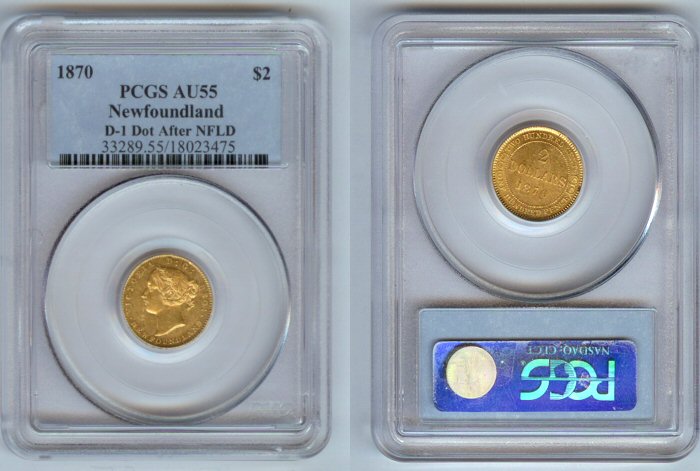 1870 GOLD NEWFOUNDLAND $2 PCGS AU 55 ONLY 10,000 MINTED
