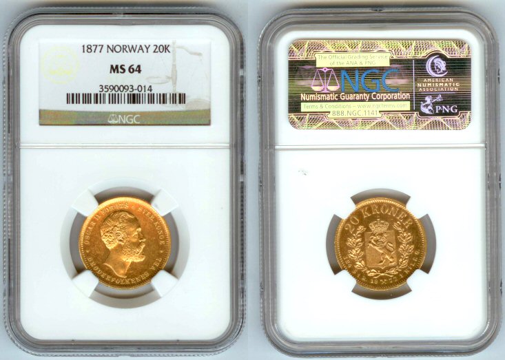 1877 GOLD NORWAY 20 KRONER NGC MS 64 OSCAR I