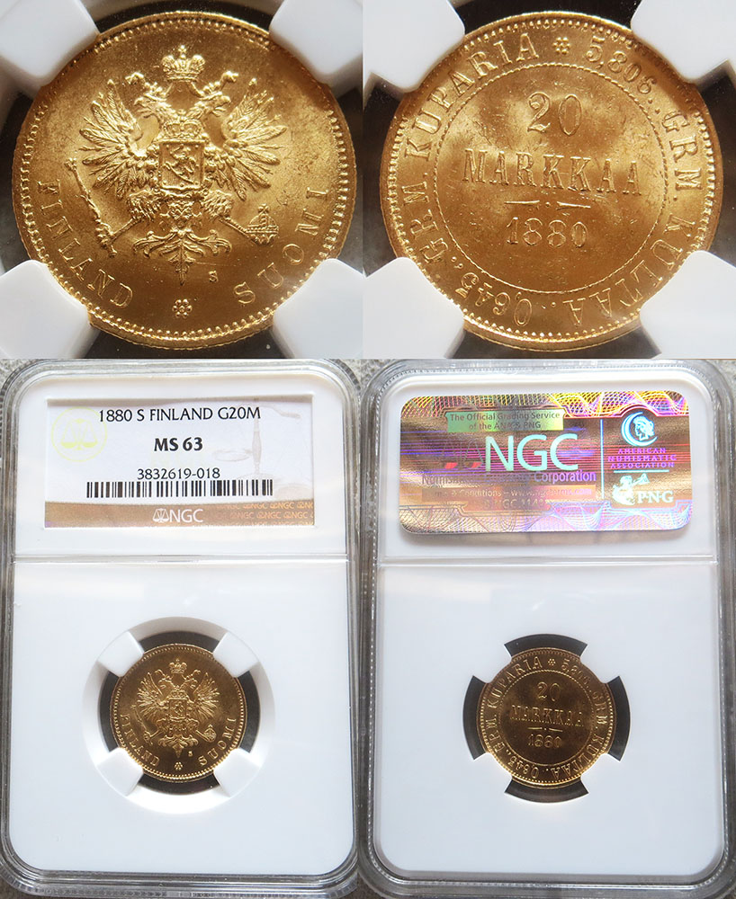 1880 S  GOLD FINLAND / IMPERIAL RUSSIA 20 MARKKAA NGC MINT 63