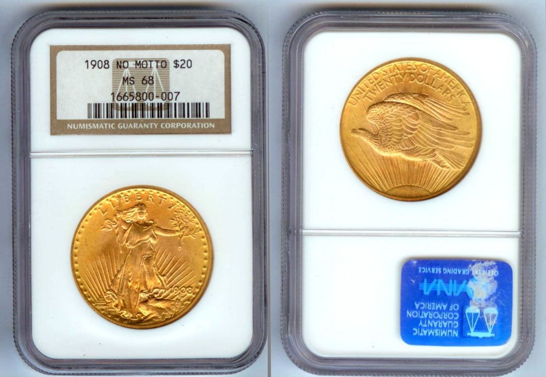 1908 GOLD $20.00 NO MOTTO ST. GAUDENS NGC MINT STATE 68