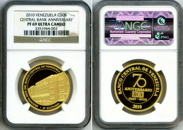 2010 GOLD VENEZUELA 50 BOLIVARES CENTRAL BANK NGC PROOF 69UC