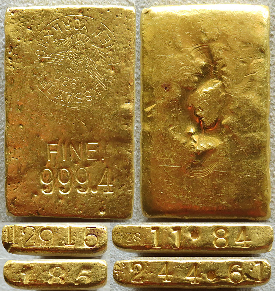 1920 GOLD ASSAY OFFICE OF NEW YORK 11.84 OZS 999.4 BAR INGOT