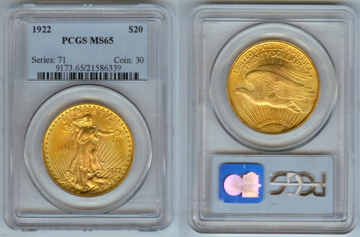1922 GOLD $20 DOUBLE EAGLE PCGS MS65 SAINT GAUDENS