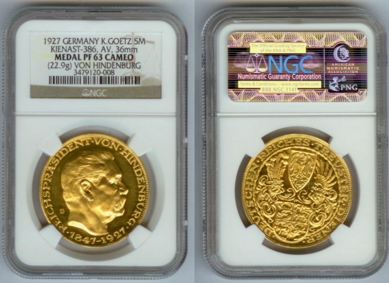 1927 D GOLD GERMANY WEIMAR 5 MARK NGC PROOF 63 CAMEO "HINDENBURG"