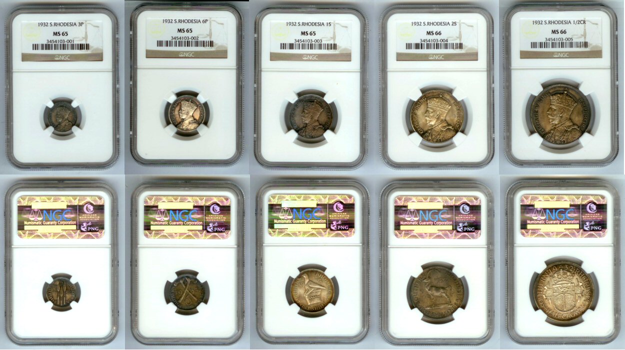 1932 SOUTHERN RHODESIA  5 COINS NGC MS 65/66 SET