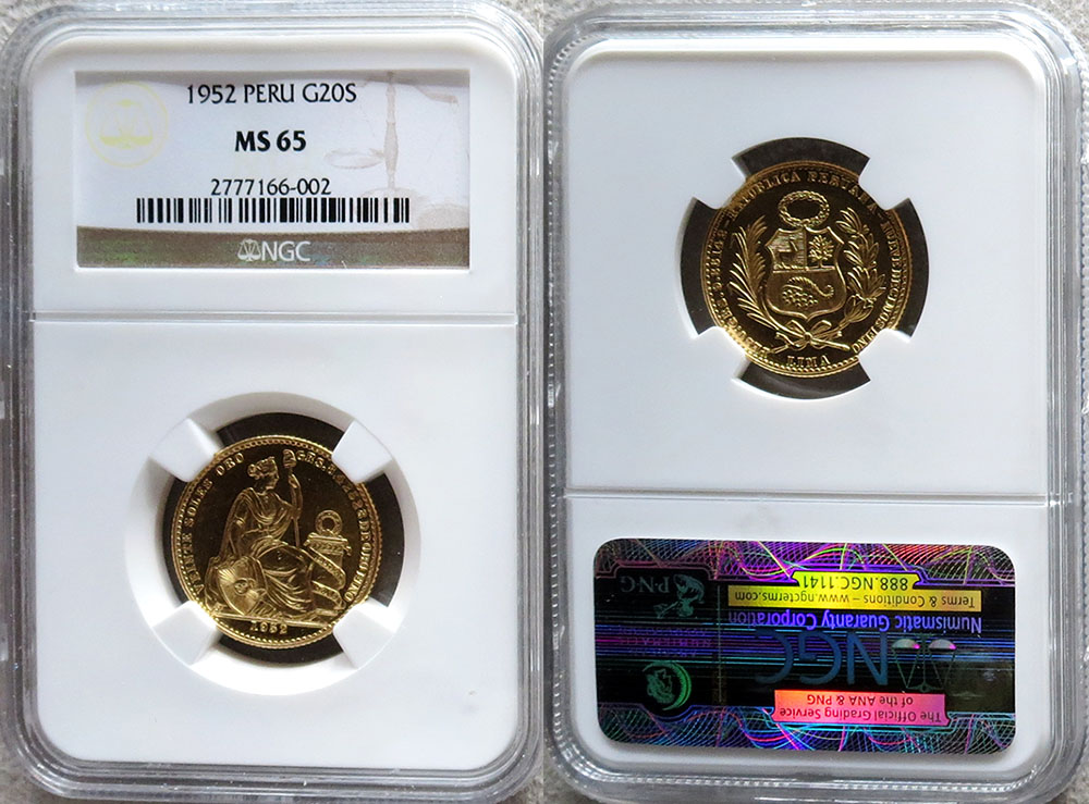 1952 GOLD PERU 20 SOLES NGC MS 65 ONLY 424 MINTED KEY DATE
