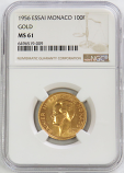 1956 GOLD MONACO ESSAI 100 FRANCS PRINCE RAINIER III COIN NGC MINT STATE 61 PARIS MINT 500 MINTAGE