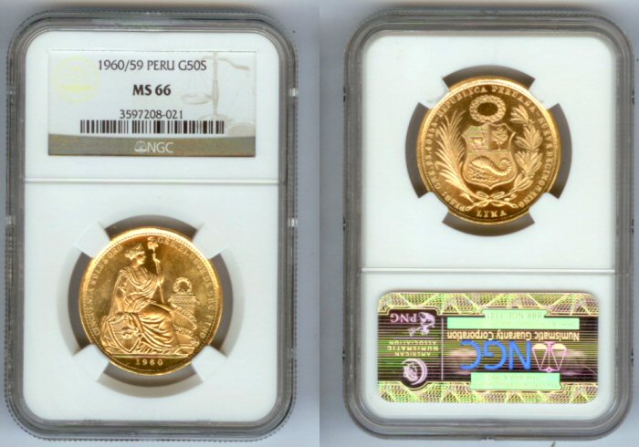 1960 / 59 OVERDATE (UNLISTED) GOLD PERU 50 SOLES NGC MS66 "RARE"