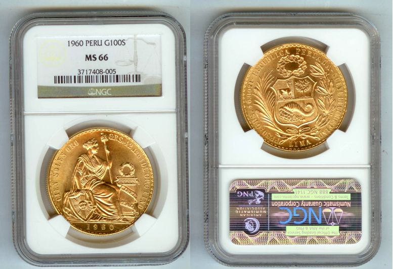 1960 GOLD PERU 100 SOLES NGC MINT STATE 66 ONLY 2,207 MINTED