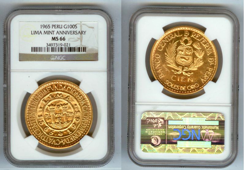 1965 GOLD PERU 100 SOLES NGC MINT STATE 66 LIMA MINT PILLARS OF HERCULES