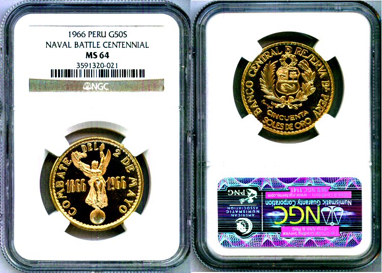 1966 GOLD PERU 50 SOLES NGC MS 64 NAVAL BATTLE CENTENNIAL