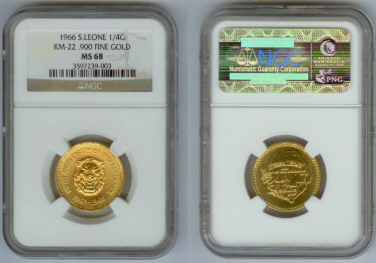 1966 GOLD SIERRA LEONE 1/4 GOLDE LION NGC MINT STATE 68 "GREAT LIONS HEAD"