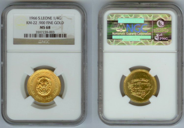 1966 GOLD SIERRA LEONE 1/4 GOLDE LION NGC MINT STATE 68 "GREAT LIONS HEAD"