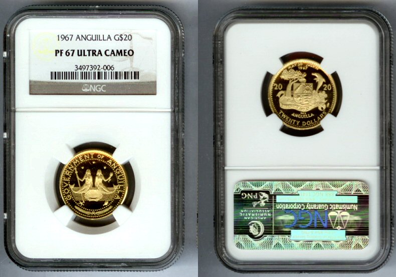 1967 GOLD ANGUILLA $20 NGC PROOF 67 ULTRA CAMEO ONLY 1,395 MINTED "MERMAIDS"