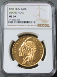 1968 GOLD PERU 50 SOLES COIN NGC MINT STATE 64 "INCA INDIAN CHIEF" ONLY 300 MINTED