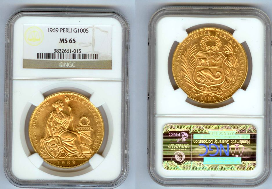 1969 GOLD PERU 100 SOLES NGC MINT STATE 65 ONLY 540 MINTED