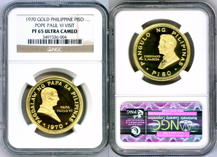 1970 GOLD PHILIPPINES PISO NGC PROOF 65 ULTRA CAMEO "POPE PAUL VI" ONLY 1,000 MINTED