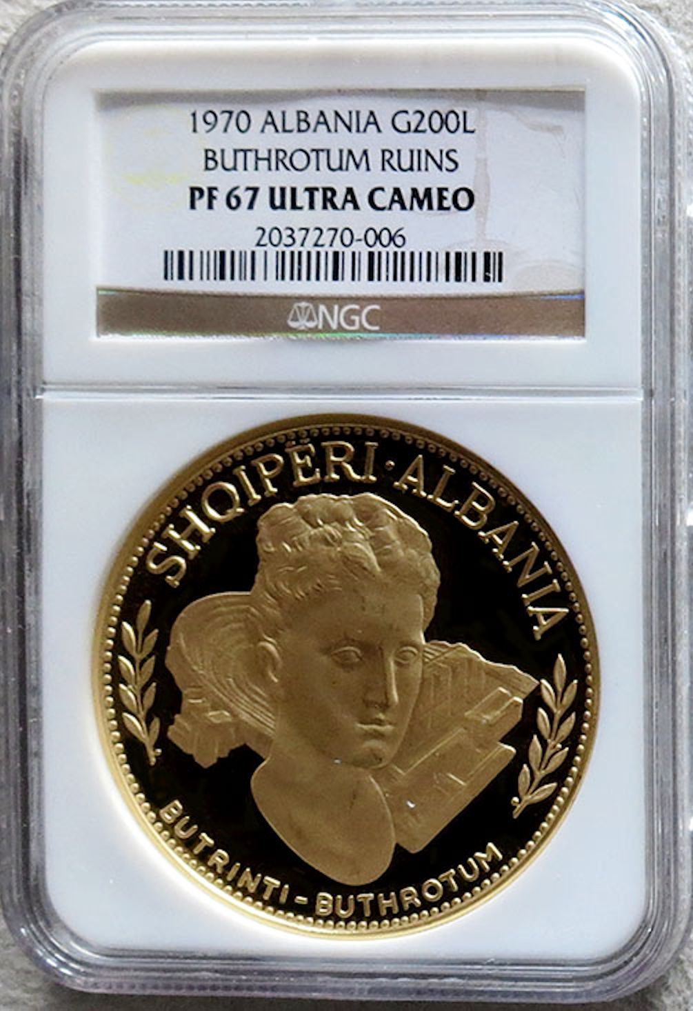 1970 GOLD ALBANIA 200 LEKE NGC PROOF 67 ULTRA CAMEO "ANCIENT BUTHROTUM RUINS" ONLY 100 MINTED