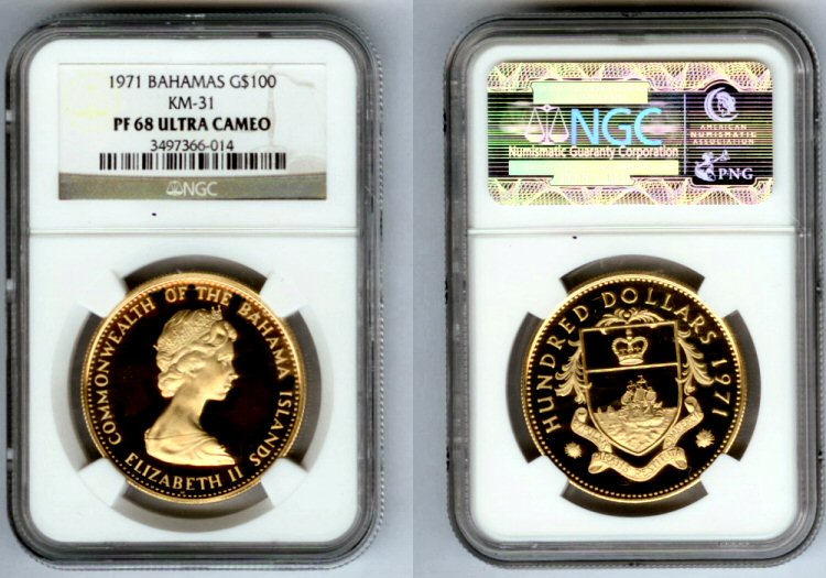 1971 GOLD BAHAMAS $100 NGC PROOF 68 ULTRA CAMEO 1,250 MINTED