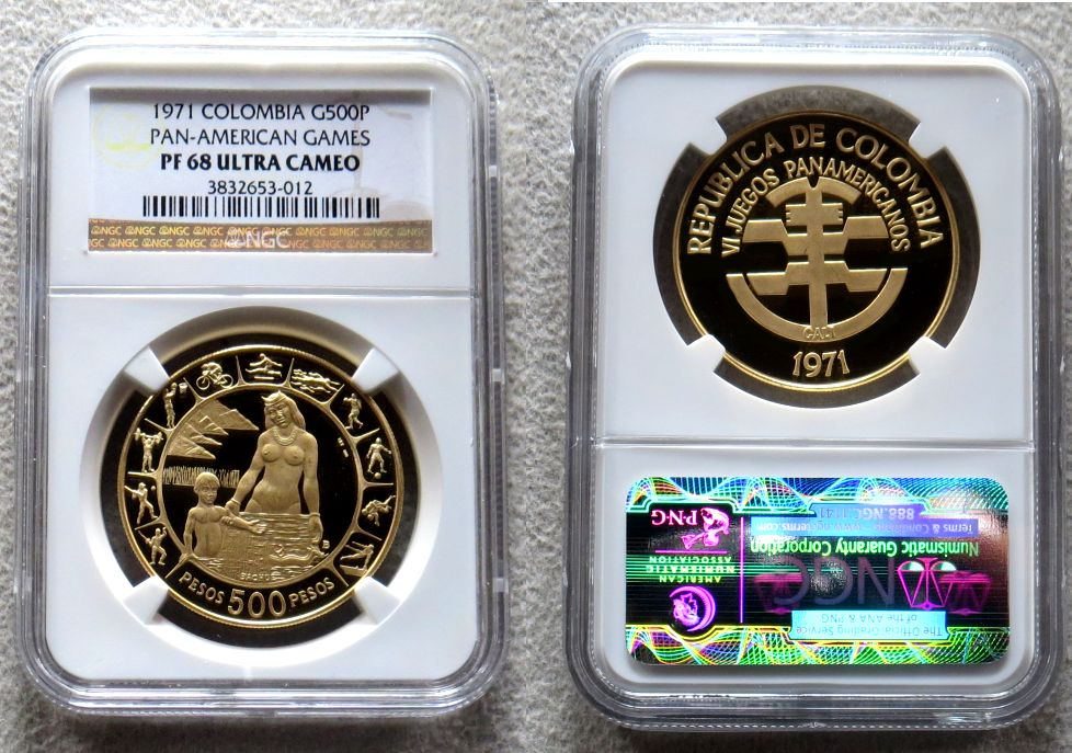1971 GOLD COLOMBIA 500 PESO PAN AMERICAN GAMES NGC PROOF 68 ULTRA CAMEO
