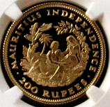 1971 GOLD MAURITIUS 200 RUPEE NGC PROOF 69 ULTRA CAMEO ONLY 750 MINTED "INDEPENDENCE"