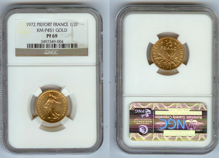 1972 GOLD FRANCE 1/2 FRANC NGC PROOF 69 PIEFORT RARE 75  MINTED!