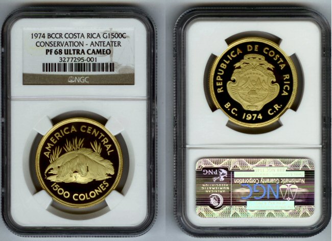 1974 GOLD COSTA RICA 1500 COLONE NGC PROOF 68 ULTRA CAMEO "WORLD CONSERVATION SERIES GIANT ANTEATER" ONLY 726 MINTED