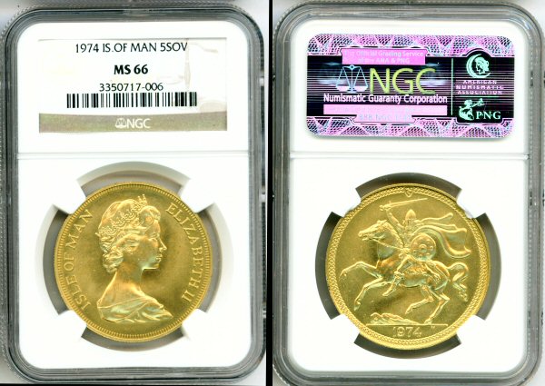 1974 GOLD ISLE OF MAN 5 POUND NGC MINT STATE 66 ONLY 481 MINTED "HORSEMAN"