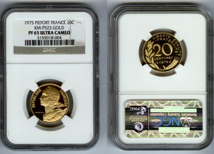1975 GOLD FRANCE 20 CENTIMES "PIEFORT" NGC PROOF 65 ULTRA CAMEO ONLY 42 MINTED 
