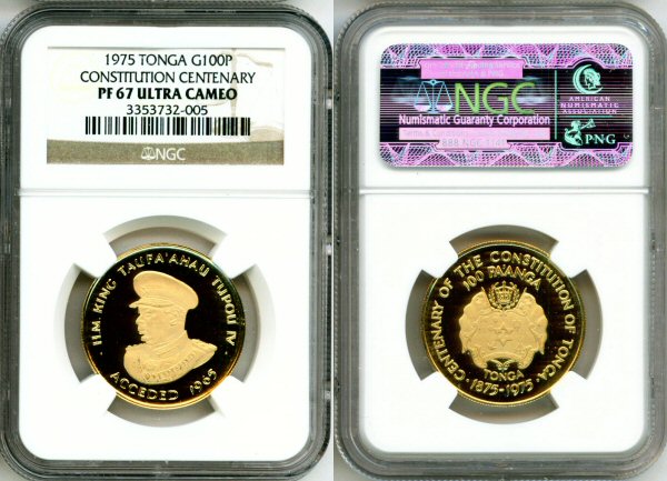 1975 GOLD TONGA 100 PA'ANGA NGC PROOF 67 ULTRA CAMEO "ONLY 105 MINTED" 