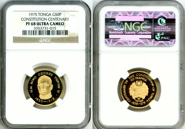 1975 GOLD TONGA 50 PA'ANGA NGC PROOF 68 ULTRA CAMEO ONLY 105 MINTED