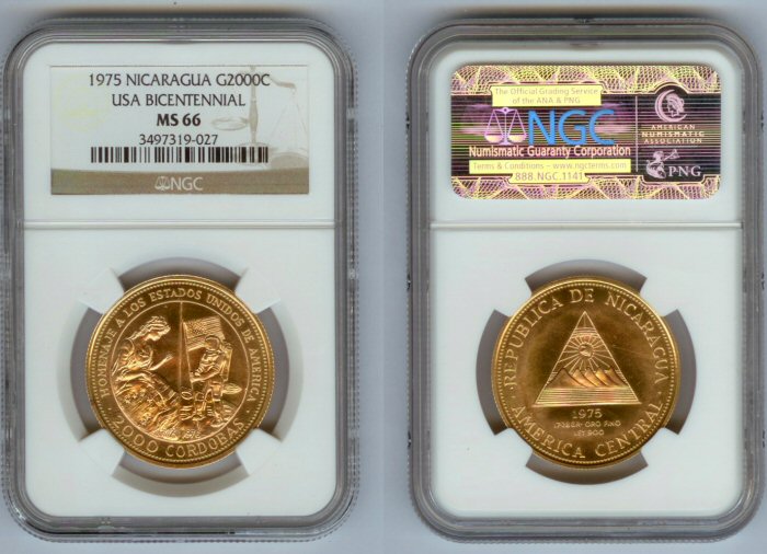 1975 GOLD NICARAGUA 2,000 CORDOBAS NGC MINT STATE 66 ONLY 320 MINTED