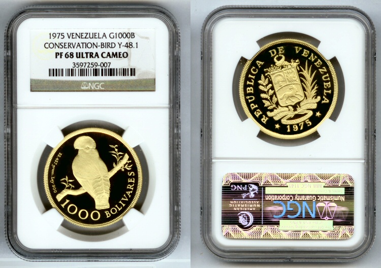 1975 GOLD VENEZUELA 1000 BOLIVARES PROOF 68 ROCK BIRD 483 MINTED