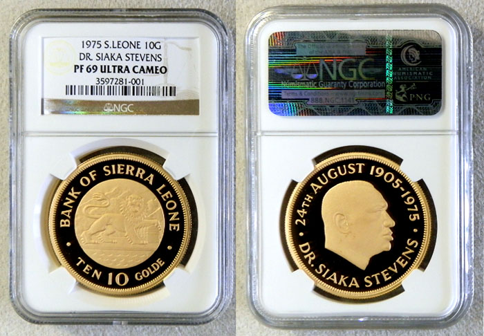 1975 GOLD SIERRA LEONE 10 GOLDE NGC PROOF 69 ULTRA CAMEO "DR SIAKA STEVENS" ONLY 308 MINTED