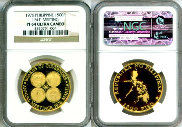 1976 GOLD PHILIPPINES 1500 PISO NGC PROOF 64 ULTRA CAMEO "1976 INTERNATIONAL MONTARY FUND MEETING"