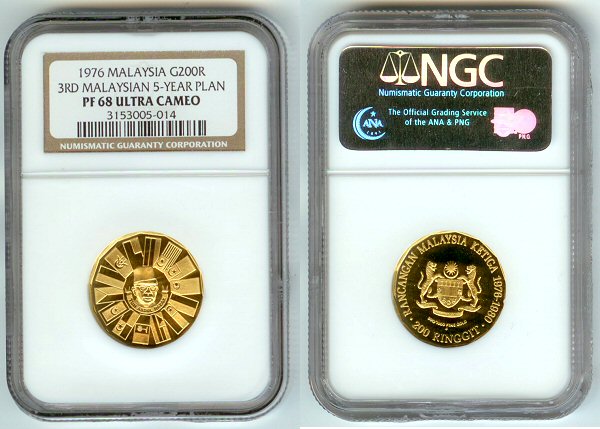 1976 GOLD MALAYSIA 200 RINGGIT NGC PROOF 68UC ONLY 887 MINTED