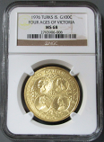 1976 GOLD TURKS & CAICOS ISLANDS 100 CROWNS NGC MINT STATE  68  ONLY 250 MINTED "FOUR AGES OF VICTORIA"