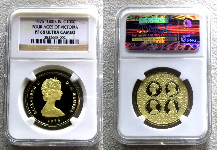 1976 GOLD TURKS & CAICOS IS 100 CROWN NGC PROOF 68 ULTRA CAMEO ONLY 350 MINTED " FOURAGES OF VICTIRIA"