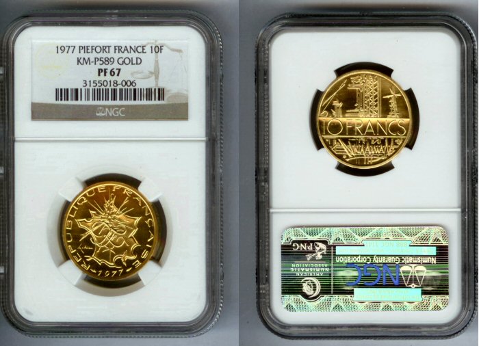 1977 GOLD FRANCE 10 FRANC NGC PROOF 67 PIEFORT 43 MINTED