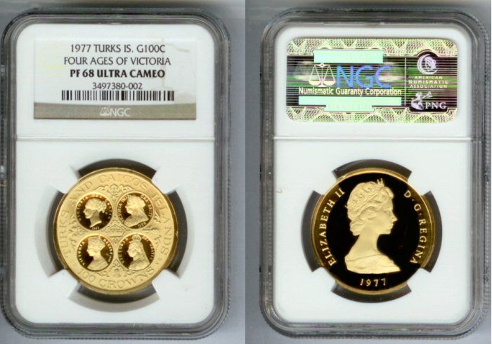 1977 GOLD TURKS ISLANDS  NGC PROOF 68 ULTRA CAMEO ONLY 350 MINTED "FOUR AGES OF VICTORIA"