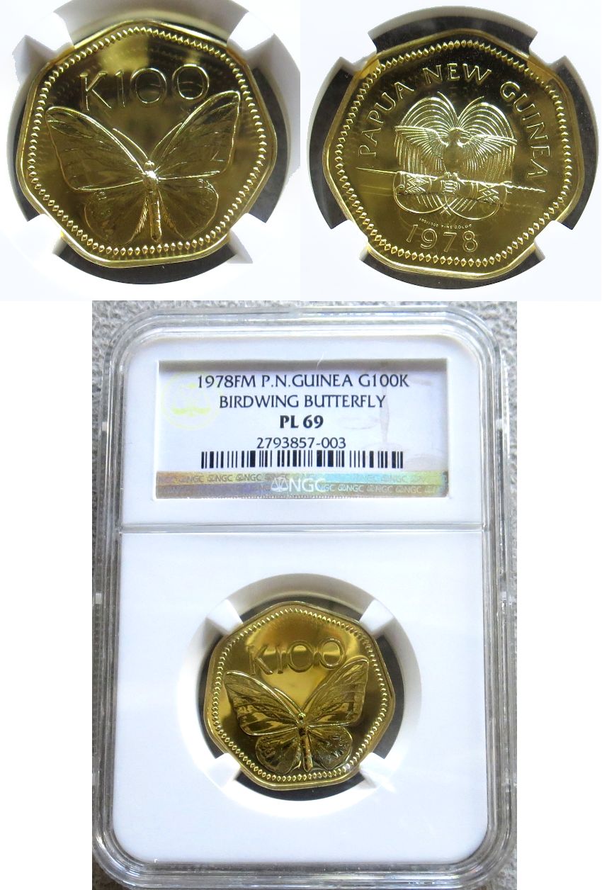 1978 GOLD PAPUA NEW GUINEA 100 KINA NGC PROOFLIKE 69 "BUTTERFLY" ONLY 400 MINTED