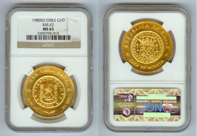 1980 So GOLD CHILE ONZA CASA DE MONEDA NGC MS 65 MINTAGE  1,730