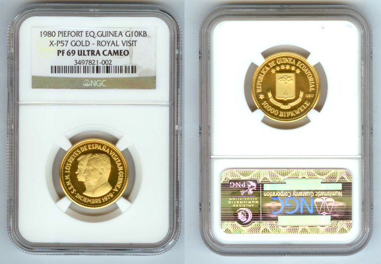 1980 GOLD EQUATORIAL GUINEA 10,000 BIPKUELE NGC PROOF 69 ULTRA CAMEO "PIEDFORT" RARE ONLY 2 MINTED