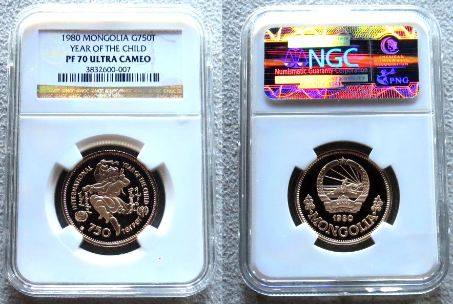 1980 GOLD MONGOLIA 750 TUGRIK COIN NGC PERFECT PROOF 70 ULLTRA CAMEO  YEAR OF CHILD