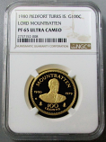 1980 GOLD TURKS & CAICOS 100 CROWN NGC PROOF 65 ULTRA CAMEO PIEDFORT LORD MOUNTBATTEN" ONLY 250 MINTED" 