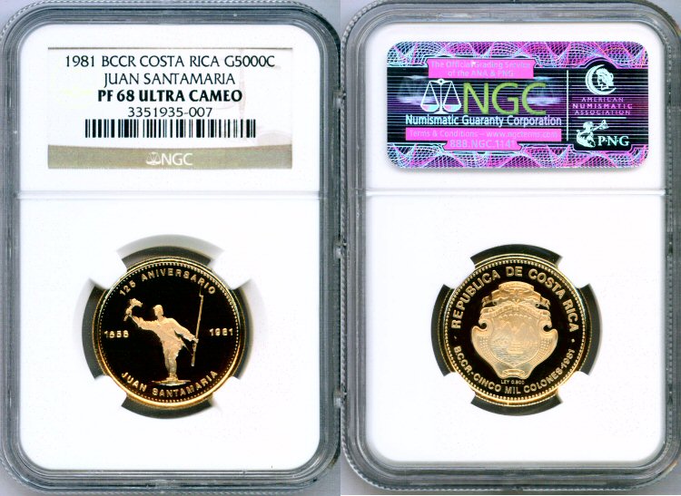 1981 COSTA RICA 5000 COLONES NGC PROOF 68 ULTRA CAMEO SANTA MARIA ONLY 2,000 MINTED 