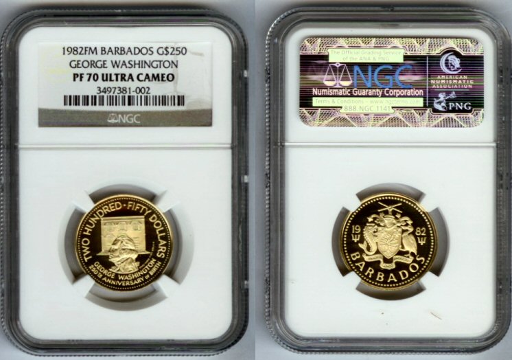 1982 FM GOLD BARBADOS $250 NGC PERFECT PROOF 70 ULTRA CAMEO ONLY 802 MINTED "GEORGE WASHINGTON"